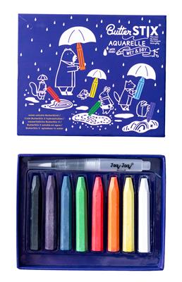 Jaq Jaq Bird: BUTTERSTIX CRAIES AQUARELLE avec stylo à l'eau, ass. de 8 couleurs, humide & sec, blister 14,5x12x2cm, 3+