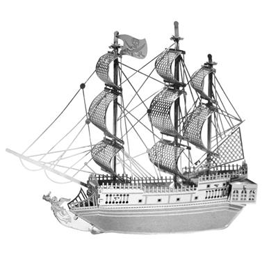 MetalEarth Bateaux: BATEAU PIRATE LA PERLE NOIRE 9.91x7.92x1.78cm, maquette 3D en métal avec 2 feuilles, sur carte 12x17cm, 14+