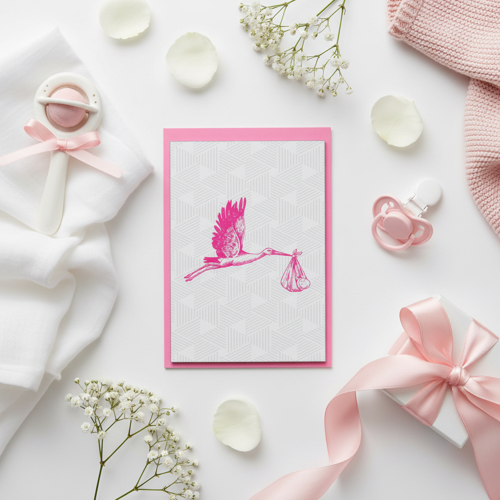 Carte de vœux Cigogne Bébé Rose