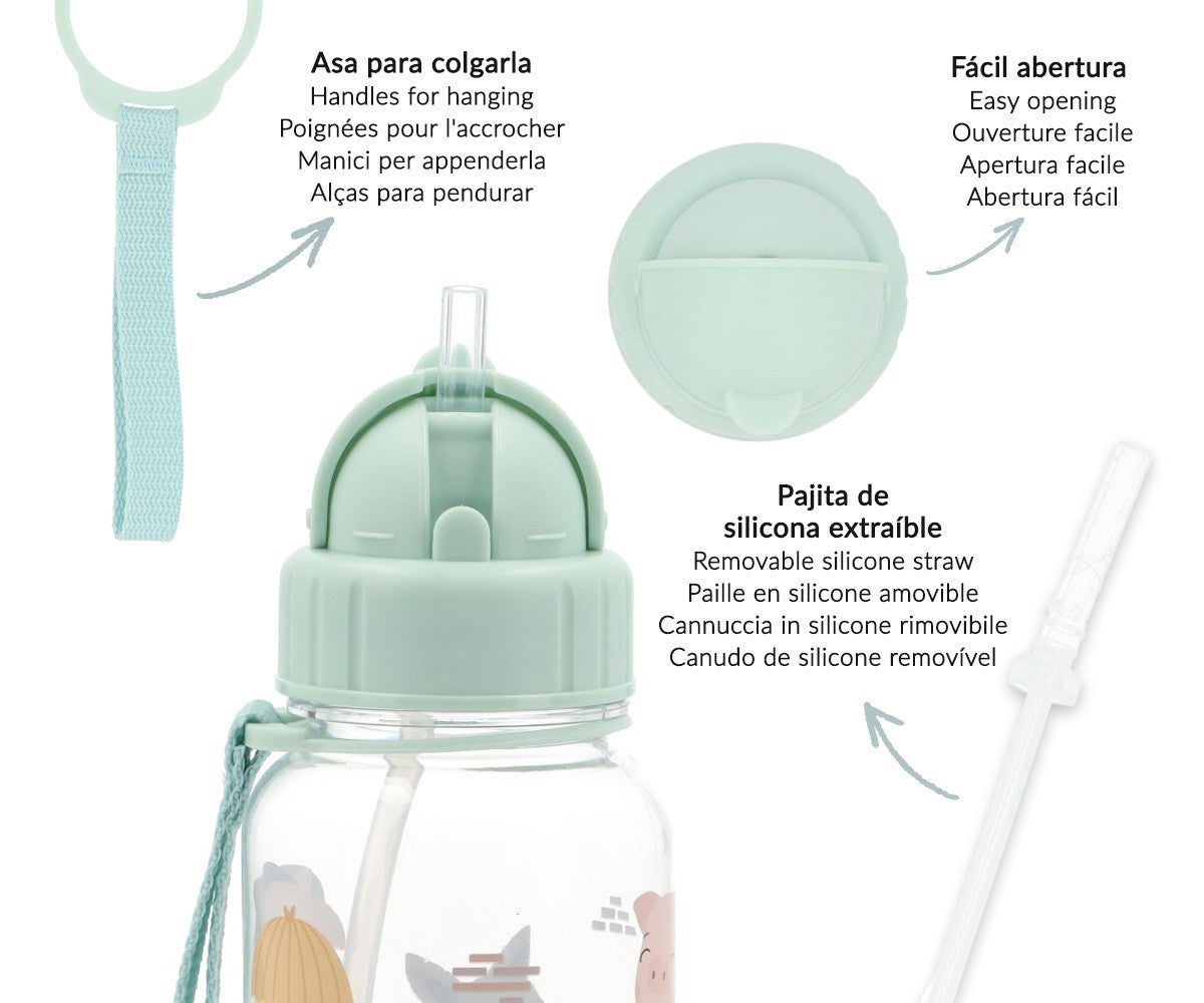 Gourde Tutete Trois Petits Cochons 500 ml — détail de la paille rétractable et de la lanière
