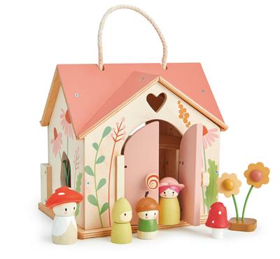Tender Leaf Maison de Poupée: CHALET 'ROSEWOOD' 42x40x31cm, avec poignée et accessoires, en bois, en boîte 42,2x8x27,5cm, 3+