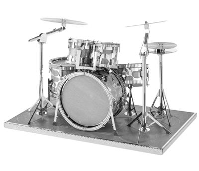 MetalEarth Musique: SET DE BATTERIE 8.2x5.5x5.2cm, maquette 3D en métal avec 2 feuilles, sur carte 12x17cm, 14+