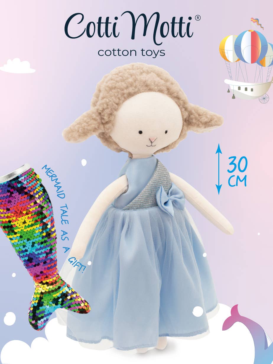 Peluche mouton Zoe : robe en satin bleu 29 cm dès 0 mois