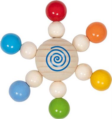 Goki Baby Hochet: TOUPIE avec des PERLES diam.11cm, bois, en boîte fenêtre