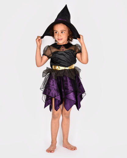 Déguisement de sorcière avec chapeau deluxe pour 5-7 ans (taille 122-128 cm)