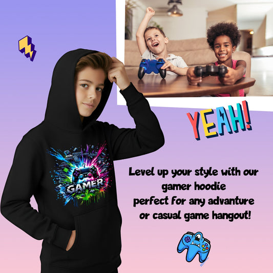 Sweat à capuche gaming – Fringoo gaming for Boys Cotton Rich Soft Hooded – gaming Splash noir
