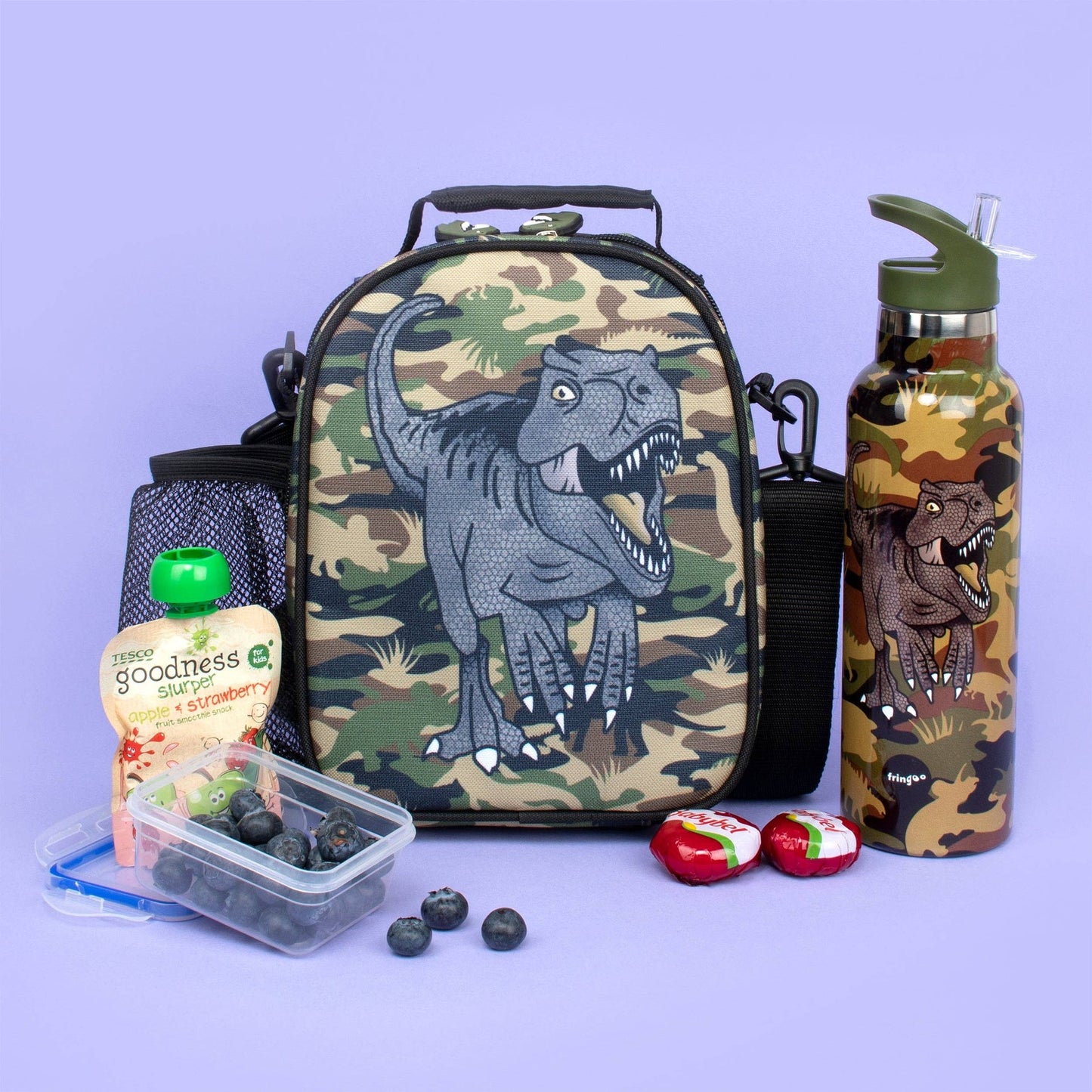 Bouteille en acier inoxydable 600 ml avec paille – Dinosaure camouflage
