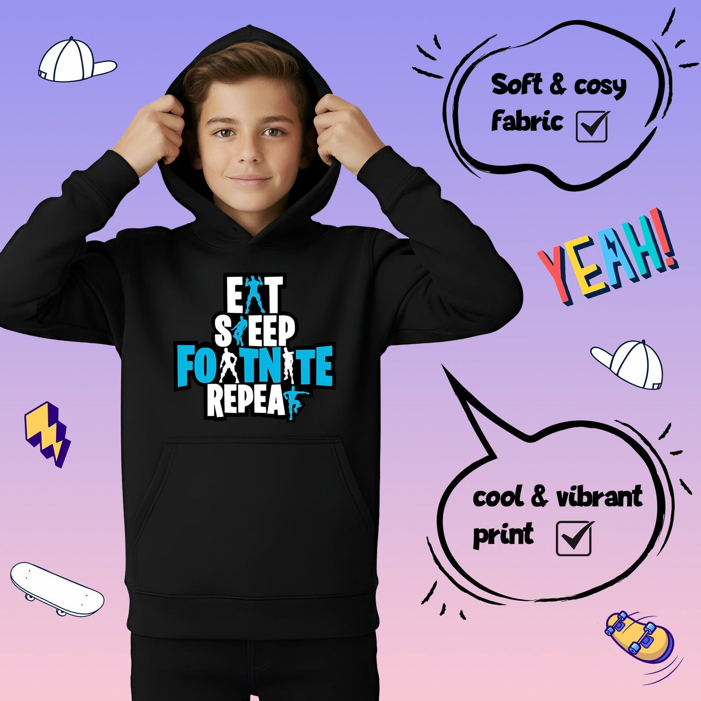 Sweat à capuche gymnastique – Fringoo gaming noir for Boys Cotton Rich Soft Hooded – Eat Fortnite noir