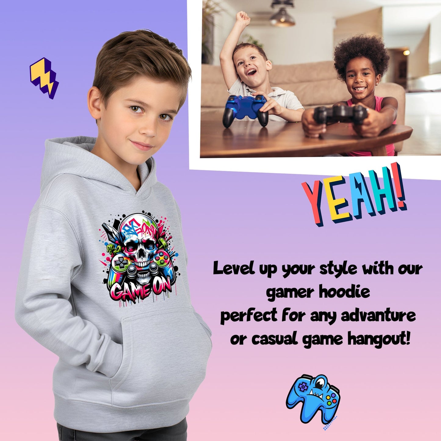 Sweat à capuche gymnastique – Fringoo gaming gris for Boys Cotton Rich Soft Hooded – Game on Skull gris