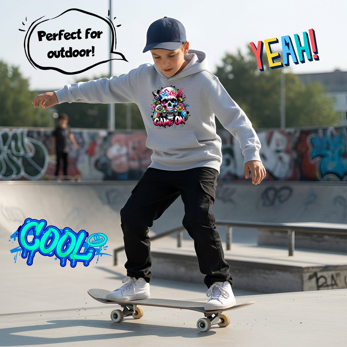 Sweat à capuche gymnastique – Fringoo gaming gris for Boys Cotton Rich Soft Hooded – Game on Skull gris