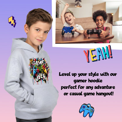 Sweat à capuche gymnastique – Fringoo gaming gris for Boys Cotton Rich Soft Hooded – Game over Graffiti gris