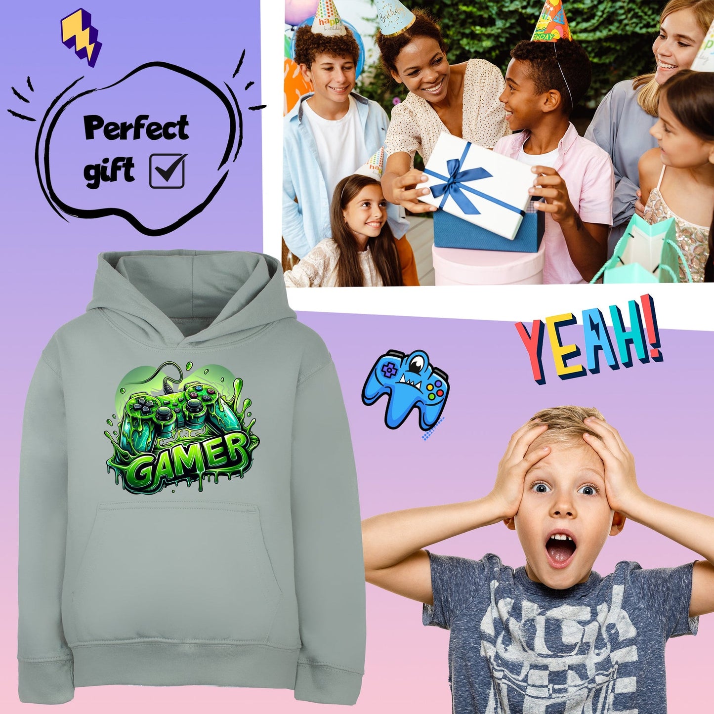 Sweat à capuche gaming – Fringoo gaming for Boys Cotton Rich Soft Hooded – gaming vert