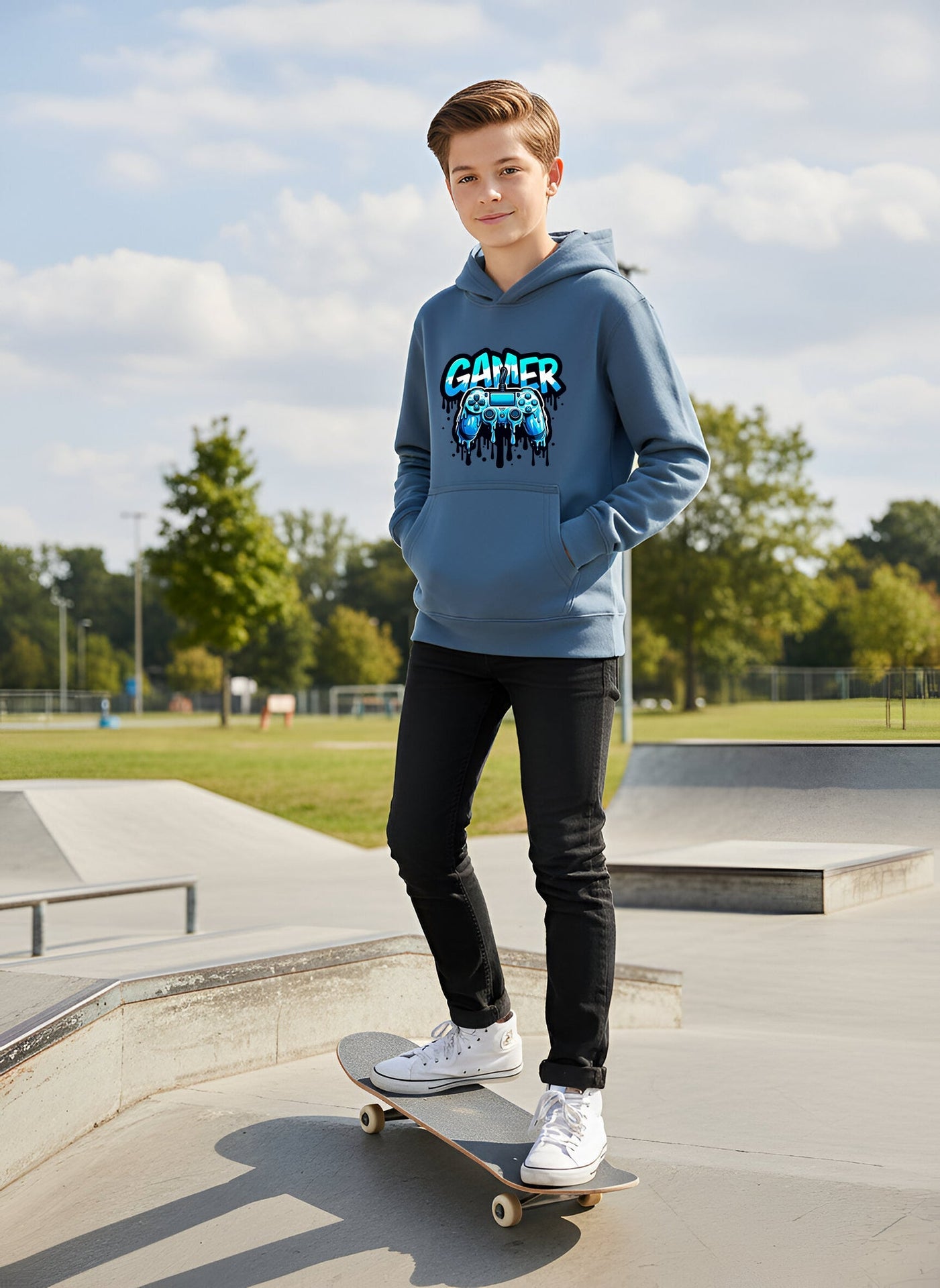 Sweat à capuche gaming – Fringoo gaming for Boys Cotton Rich Soft Hooded – Dripping gaming bleu