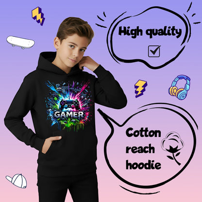 Sweat à capuche gaming – Fringoo gaming for Boys Cotton Rich Soft Hooded – gaming Splash noir