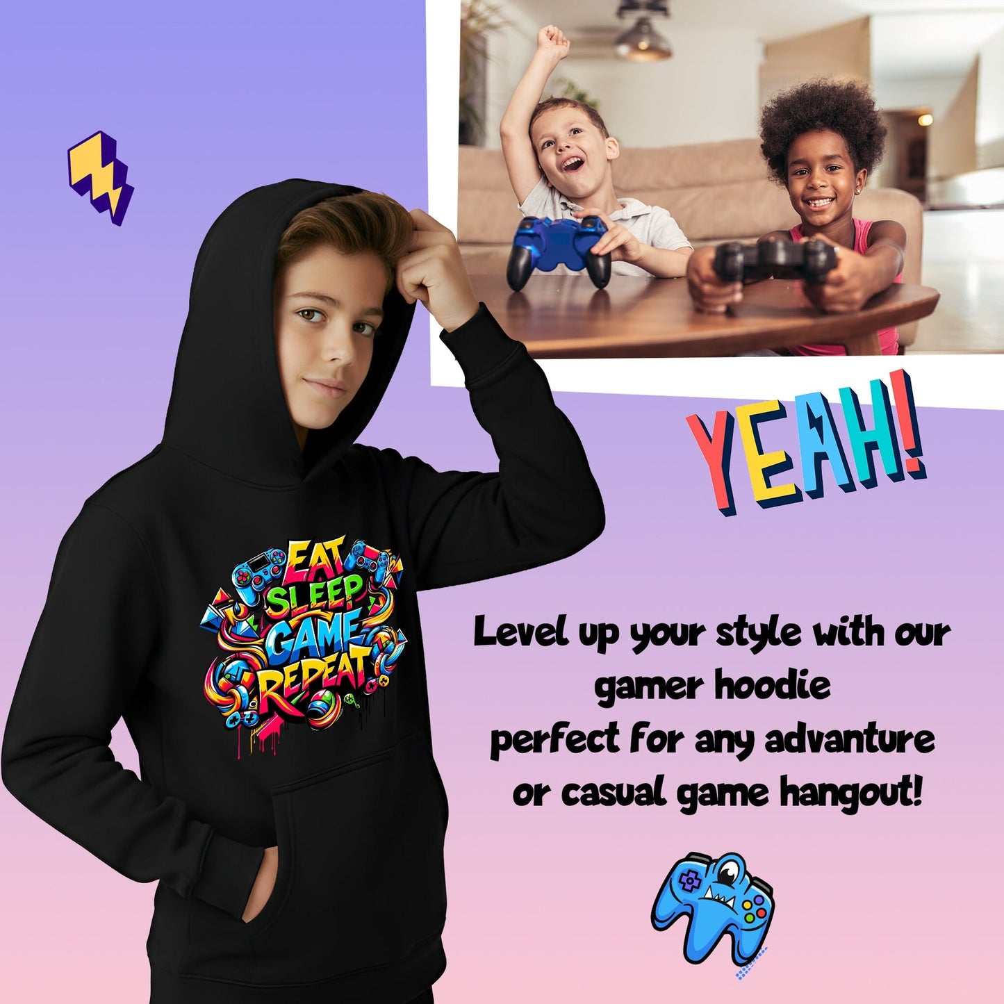 Sweat à capuche gymnastique – Fringoo gaming gris for Boys Cotton Rich Soft Hooded – Eat Game noir