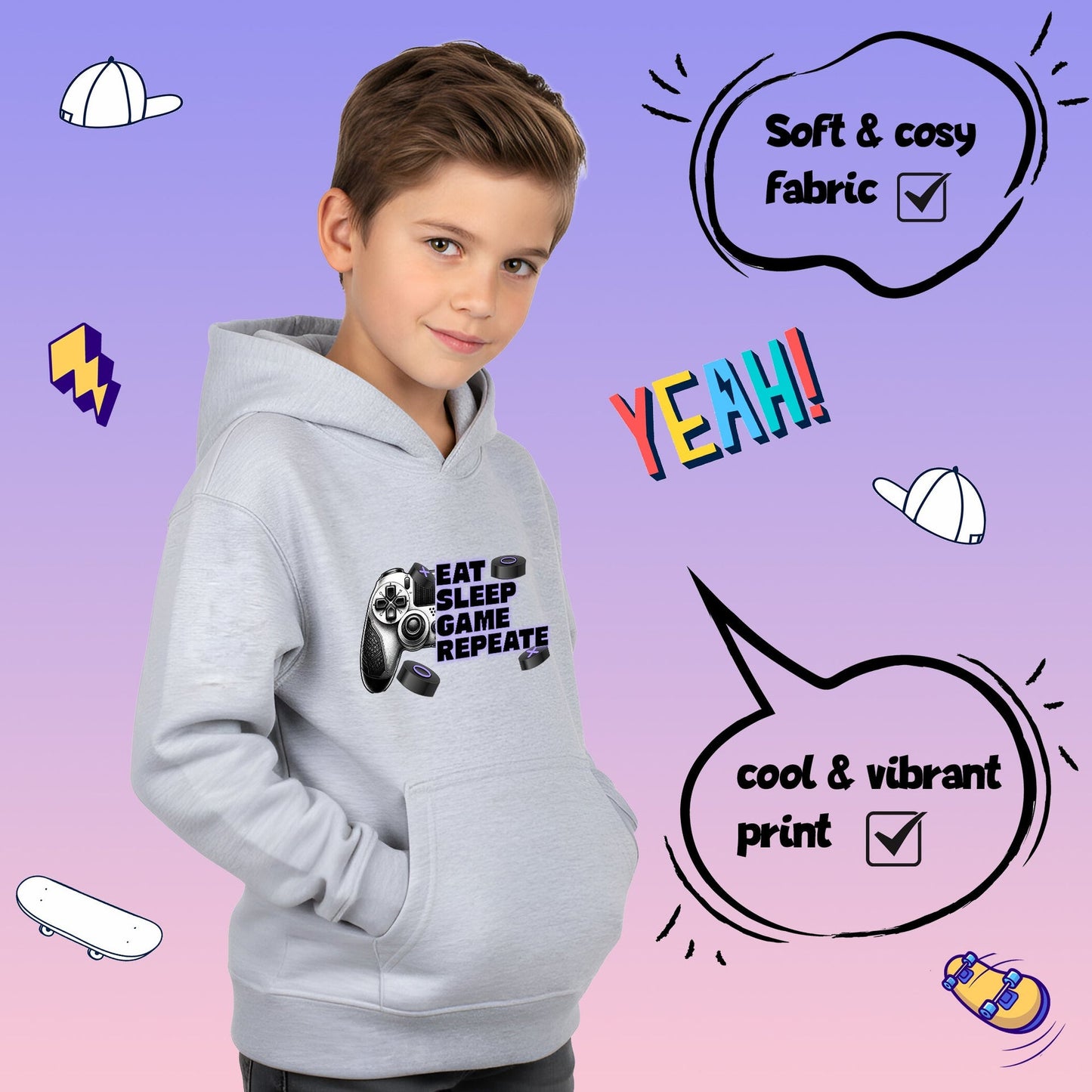 Sweat à capuche gymnastique – Fringoo gaming gris for Boys Cotton Rich Soft Hooded – Eat Game Pad gris