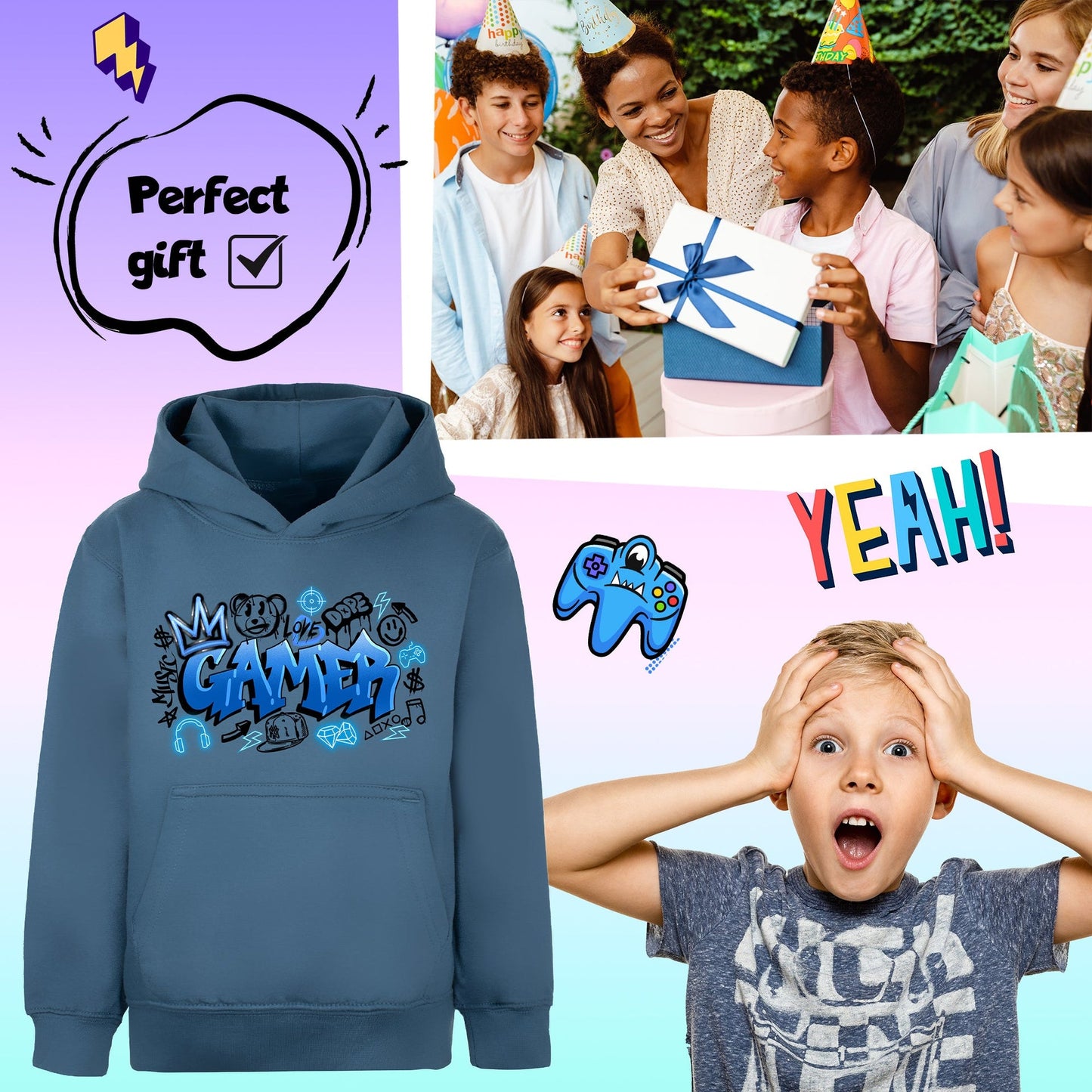 Sweat à capuche gaming – Fringoo gaming for Boys Cotton Rich Soft Hooded – gaming Graffiti bleu