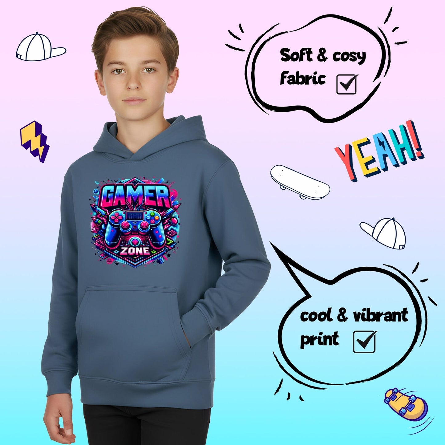Sweat à capuche gaming – Fringoo gaming for Boys Cotton Rich Soft Hooded – gaming Zone bleu