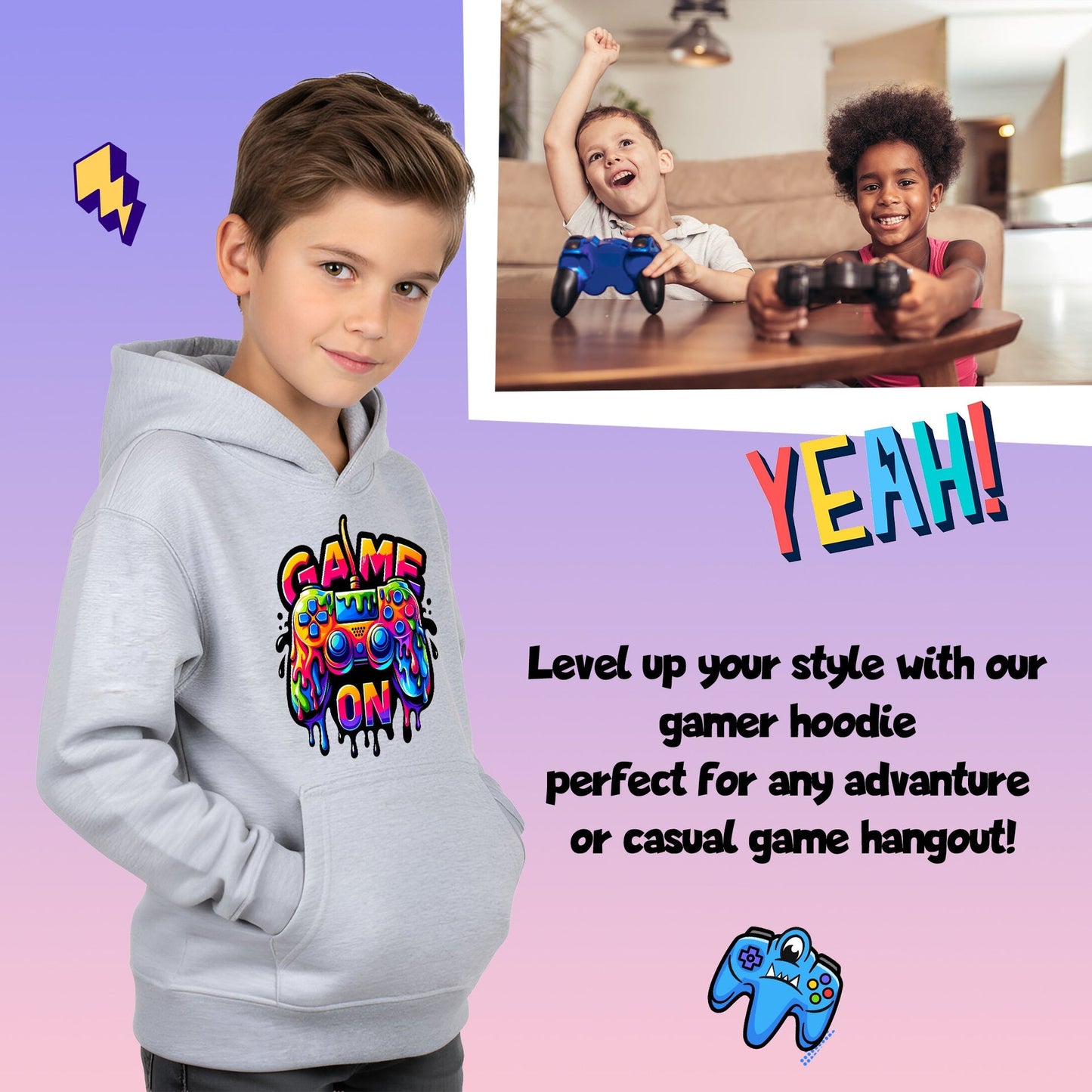 Sweat à capuche gaming – Fringoo gaming gris for Boys Cotton Rich Soft Hooded – Game on gris