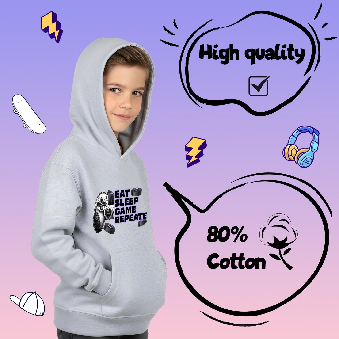 Sweat à capuche gymnastique – Fringoo gaming gris for Boys Cotton Rich Soft Hooded – Eat Game Pad gris