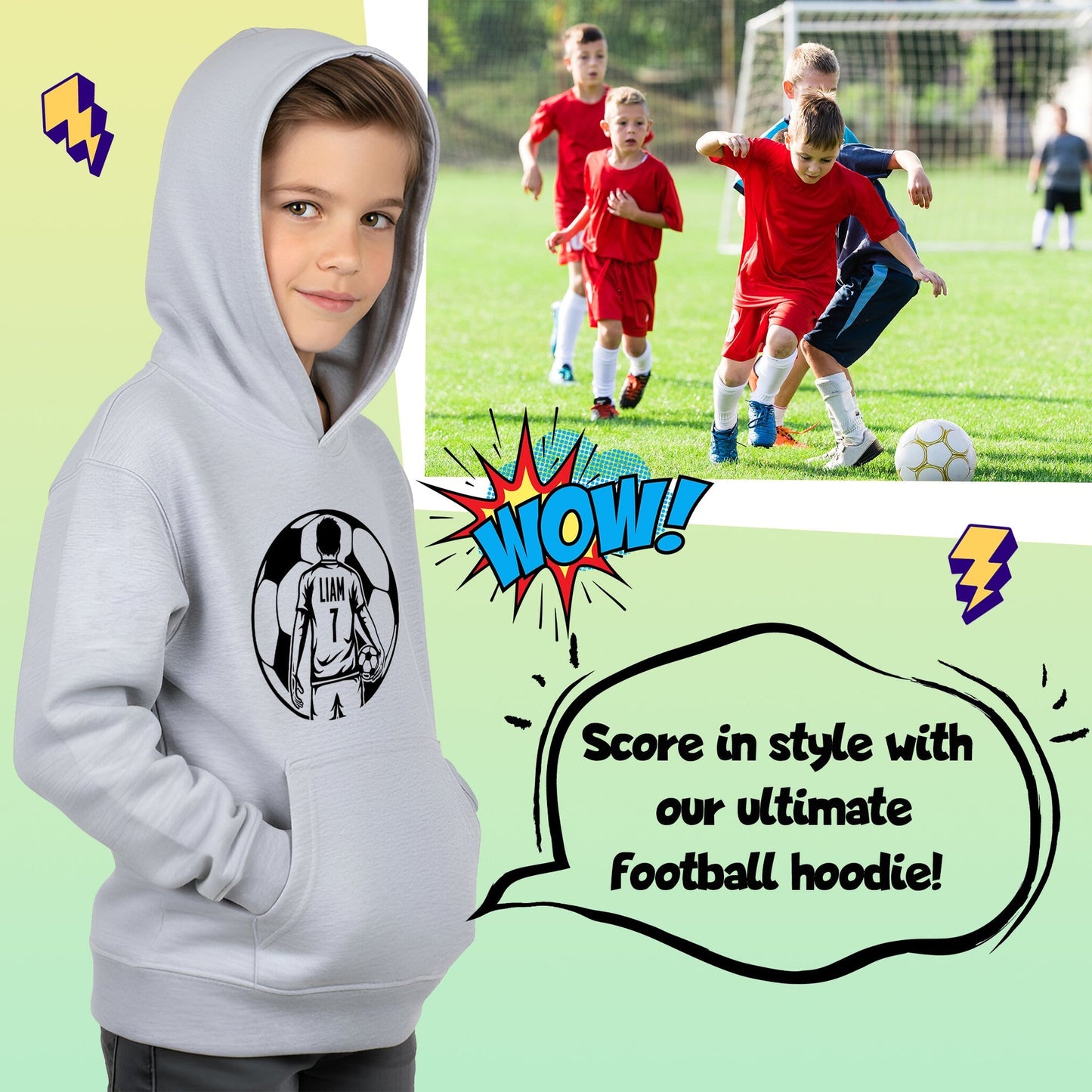 Sweat à capuche football – Fringoo football gris for Boys Cotton Rich Soft Hooded – football Ball Boys gris