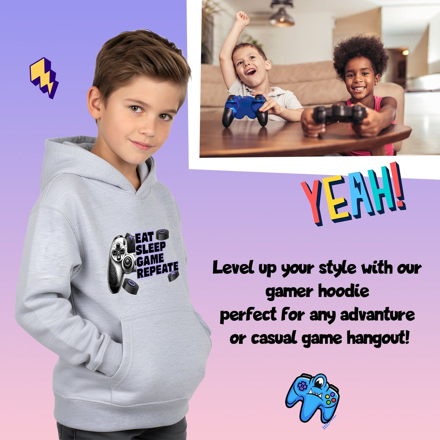 Sweat à capuche gymnastique – Fringoo gaming gris for Boys Cotton Rich Soft Hooded – Eat Game Pad gris