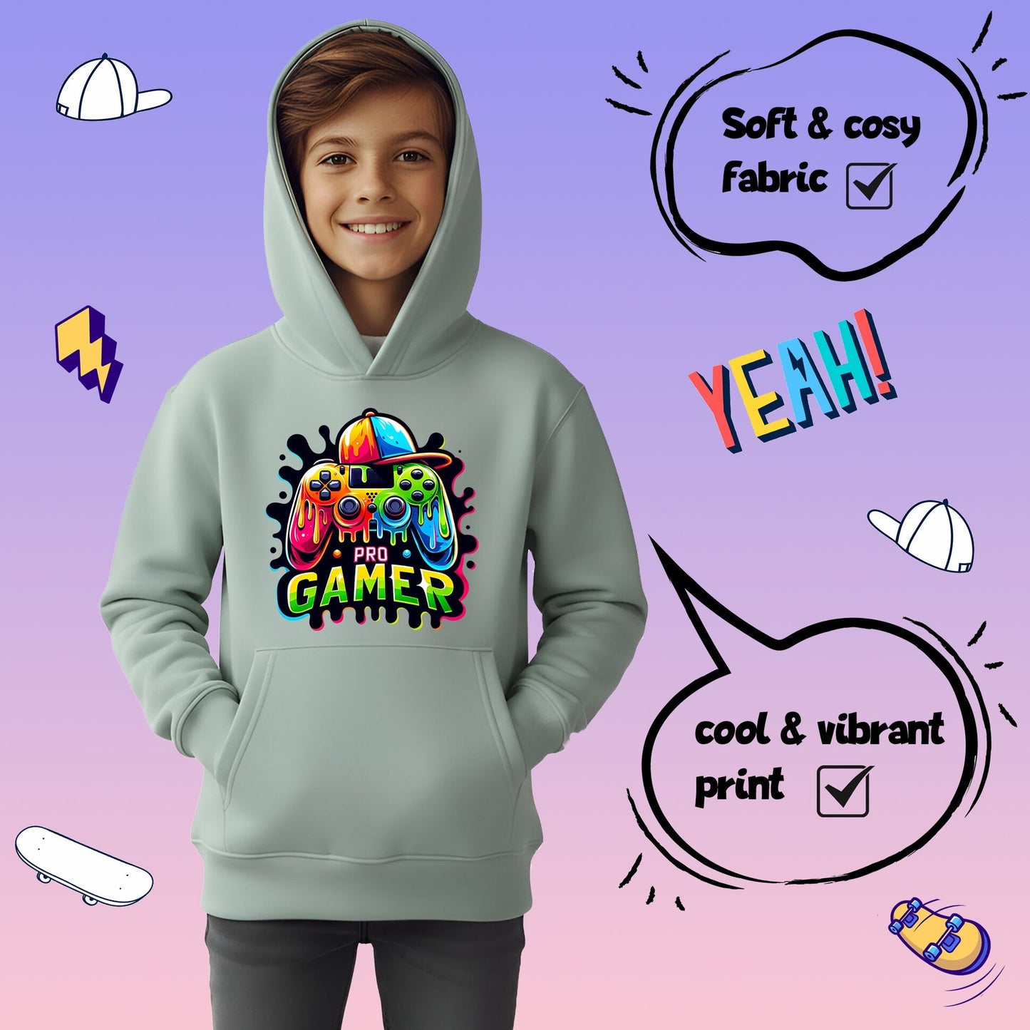 Sweat à capuche gaming – Fringoo gaming for Boys Cotton Rich Soft Hooded – Pro gaming vert