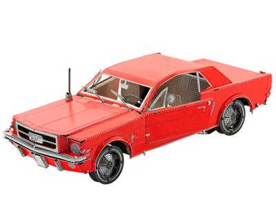 MetalEarth Véhicules: 1965 FORD MUSTANG COUPE Rouge 9x2.5x3.2cm, maquette 3D en métal avec 2 feuilles, sur carte 12x17cm, 14+