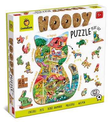 Ludattica Puzzles: WOODY PUZZLE ANIMAUX DOMESTIQUES 22,5x22,5x4cm, 48 pièces, 12 figurines, en bois, 5+