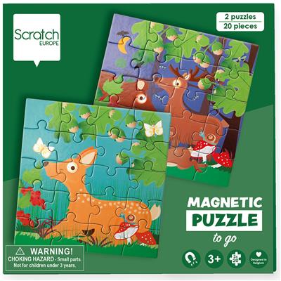 Scratch Puzzle Magnétique: LIVRE DE PUZZLE MAGNÉTIQUE EN ROUTE - ANIMAUX DE LA FORÊT 18x18x1.5cm (plié), 54x18x0.5cm (déplié), avec 2 puzzles magnétiques de 20 pièces, 3+