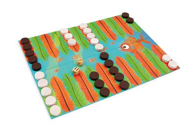 Scratch Jeu: PIRANHA RACE / JUNIOR BACKGAMMON 38x28cm, avec 2x15 pions en bois et 2 dés en bois, en boîte forme 29.5x21.5x6.5cm, 7+