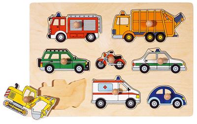 Puzzle à encastrements: VEHICULES 30x21x2,4cm, boutons bois, 2+